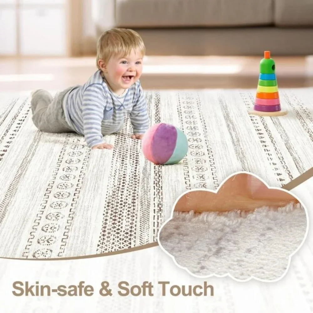 New 5x7 Washable Boho Area Rug – Neutral Farmhouse Style Living Room Rug